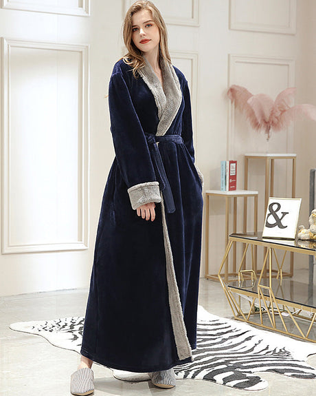 Plush Long Robe  Navy Blue With Grey Fur Trim - Product showcase