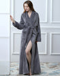 Womens Long Fleece Bathrobe  Plush Gray Shawl Collar Design - Product showcase