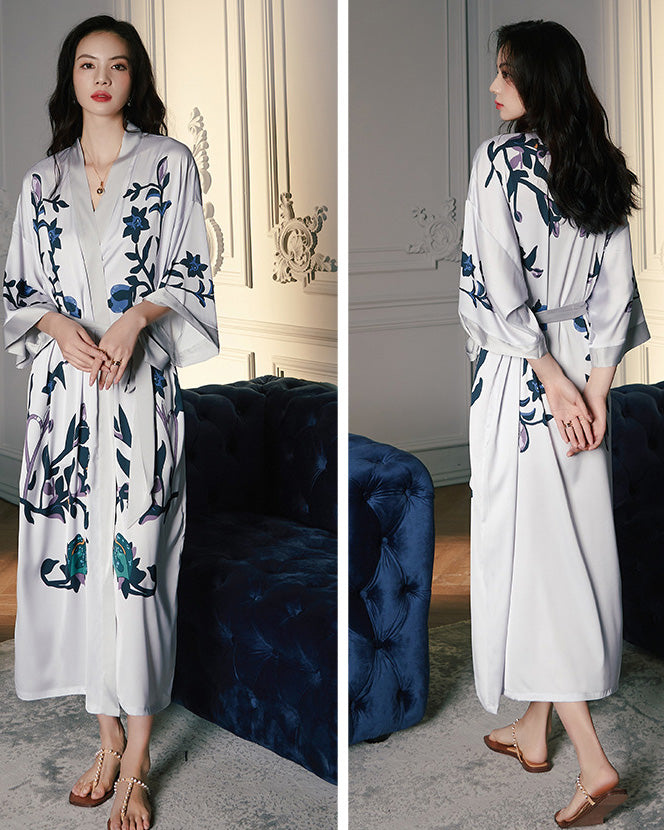 Floral Satin Robe White Kimono With Navy Botanical Print - Detailed view