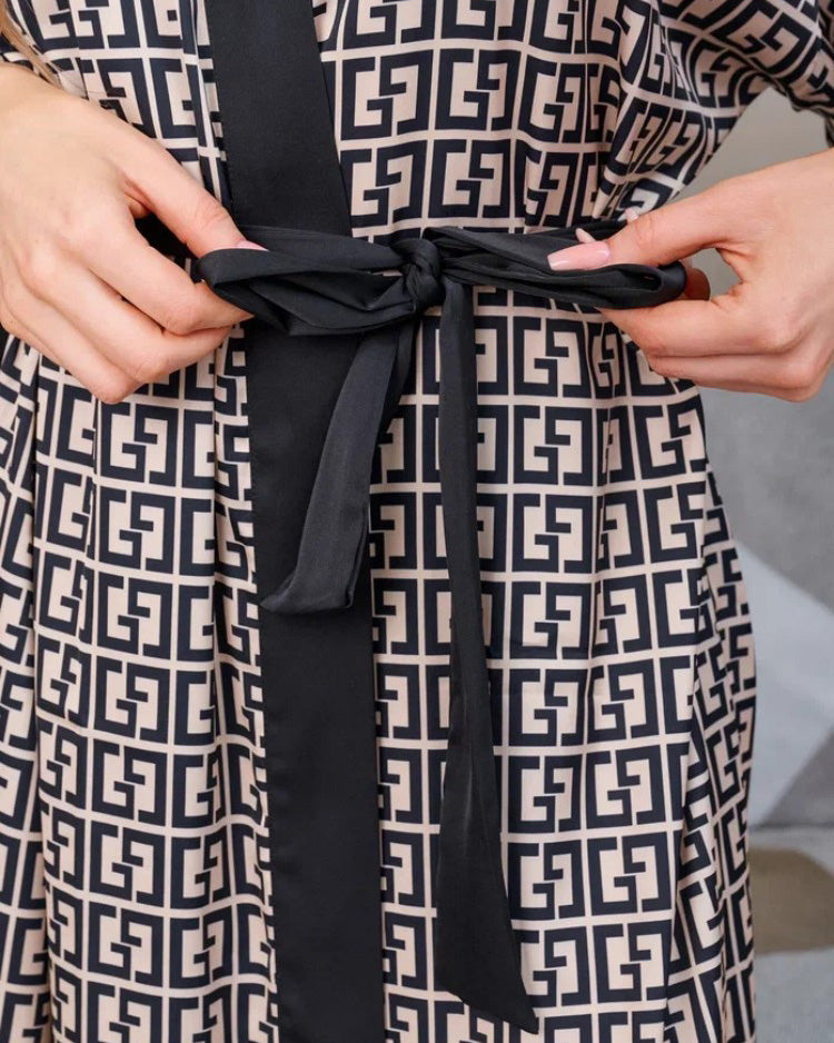 Geometric Print Satin Robe Black White Pattern With Belt - Product detail 5