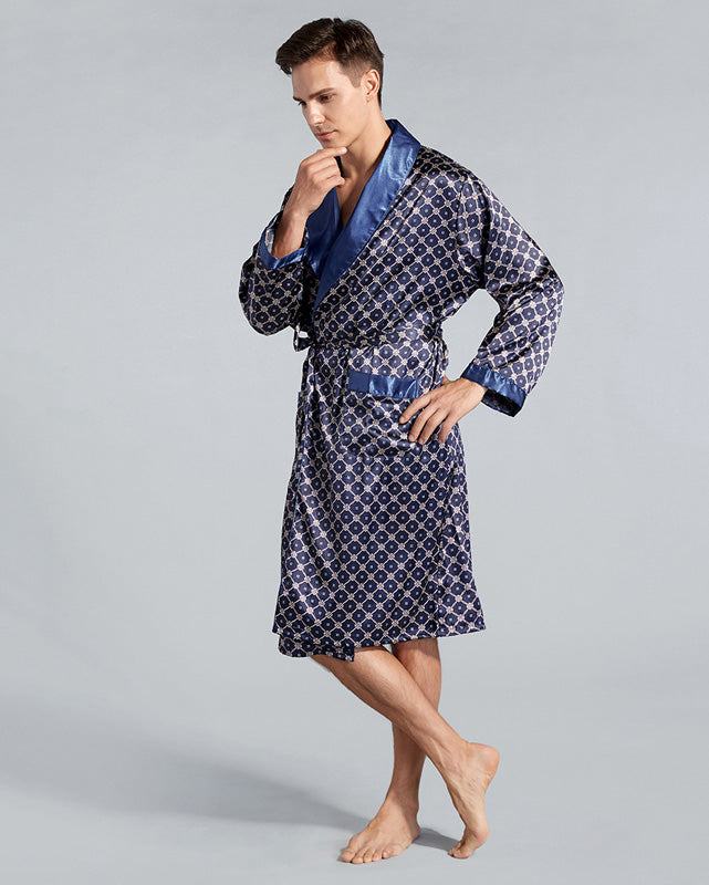 Luxury Mens Robe  Navy Geometric Satin Kimono - Product example