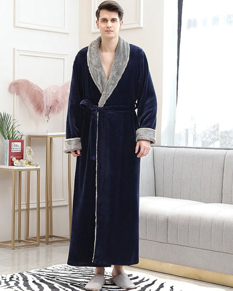 Luxury Mens Robe  Navy Velvet With Plush Gray Trim - Product showcase