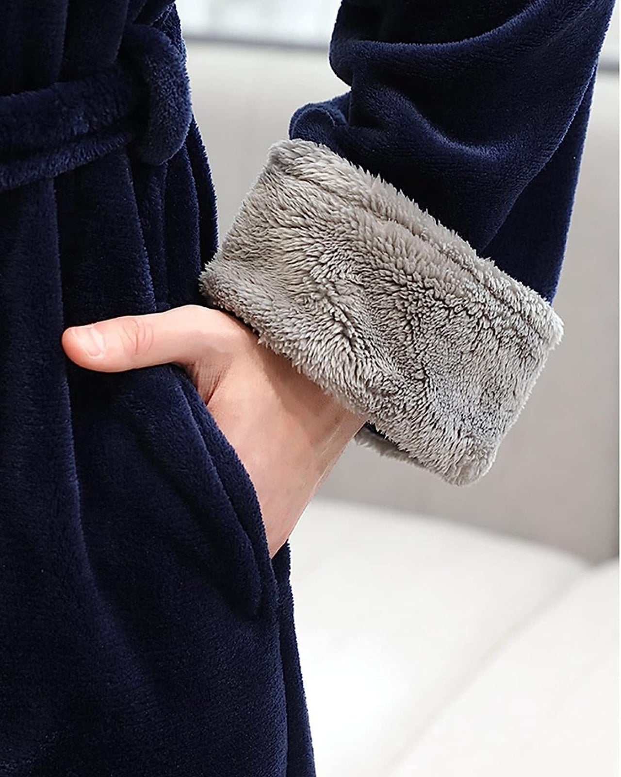 Luxury Mens Robe  Navy Velvet With Plush Gray Trim - Product detail 4
