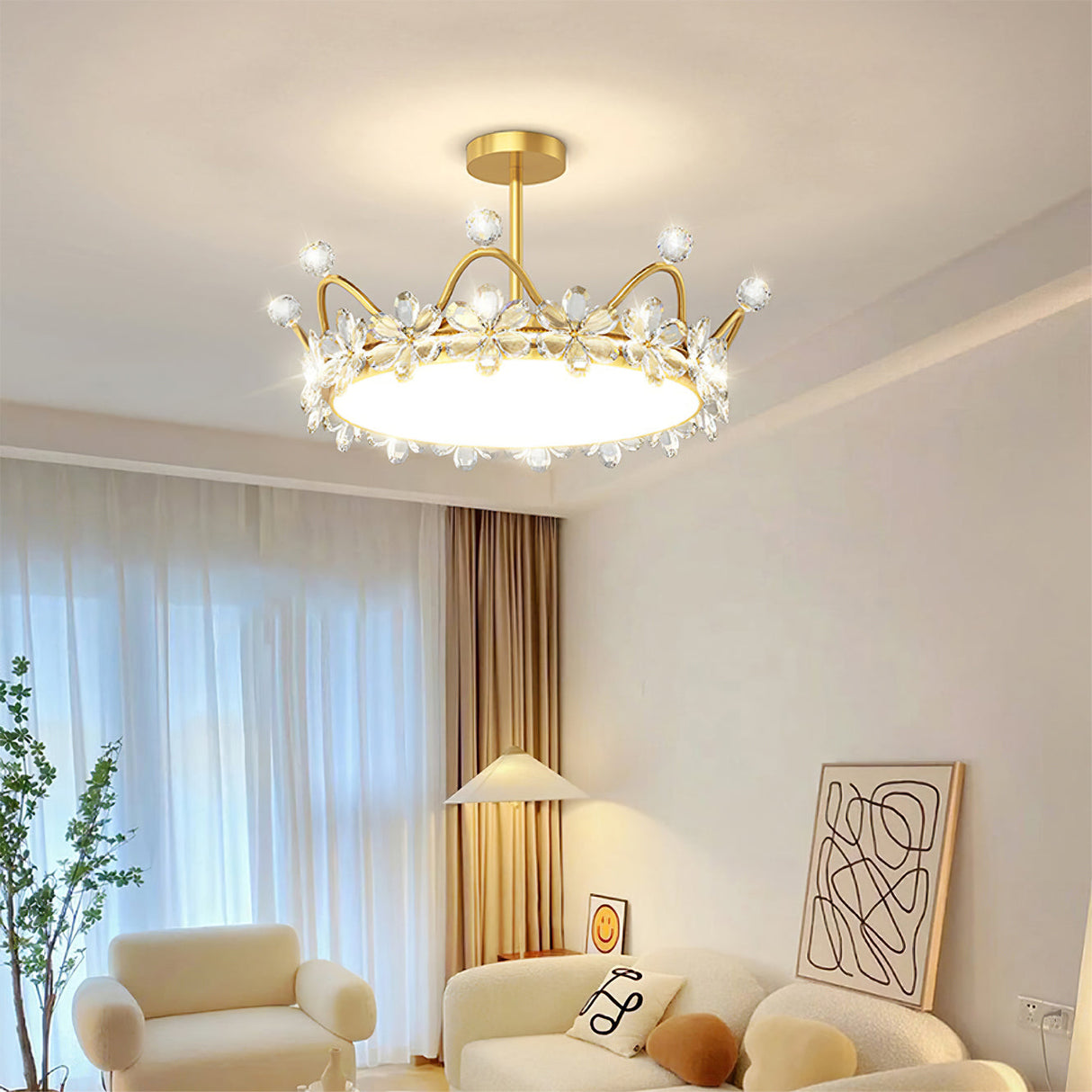 Crown Crystal Ceiling Light Floral Petal Design Gold Finish - Detailed view