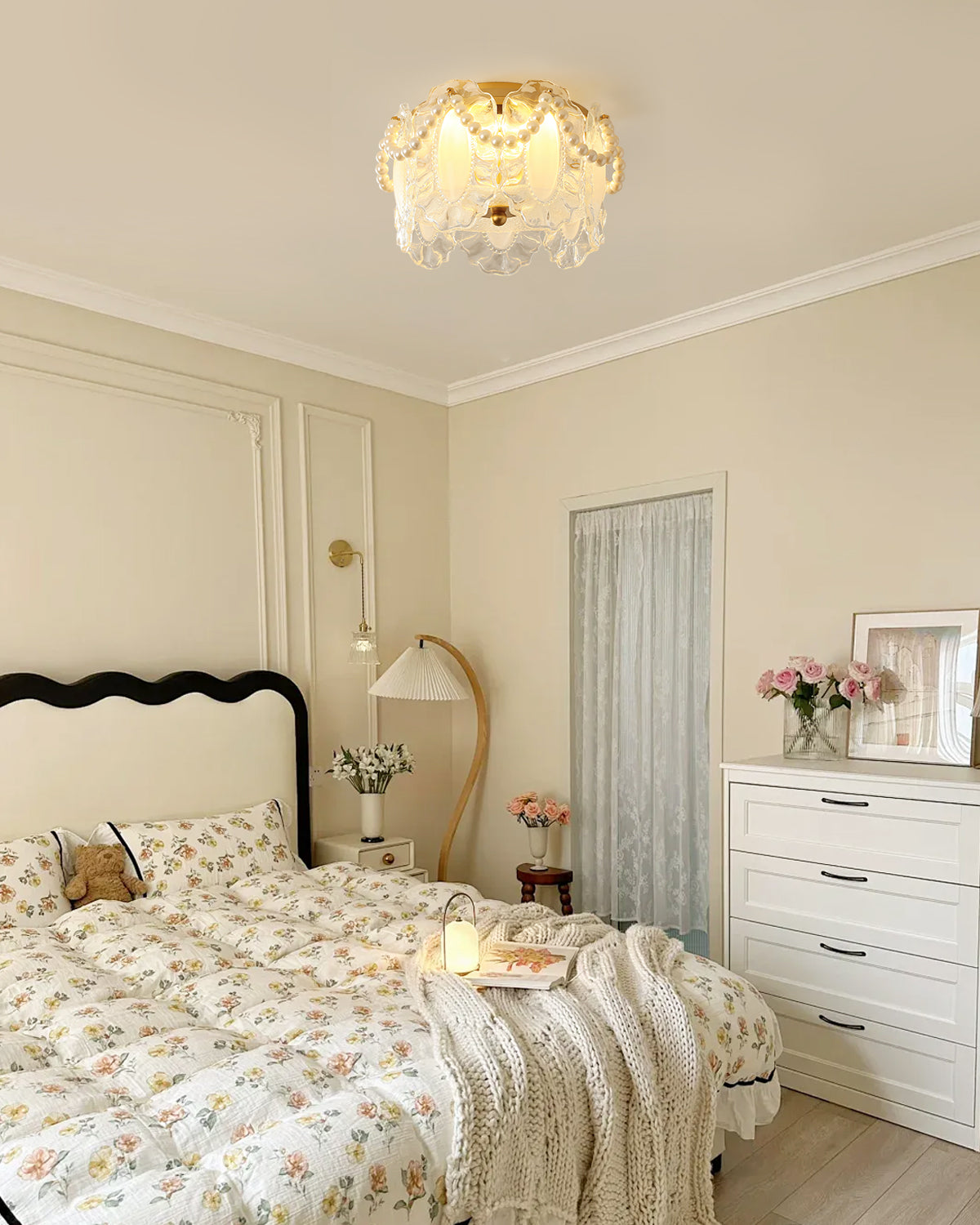 Floral Glass Ceiling Light Pearl Trimmed Crystal Petals - Product detail 5