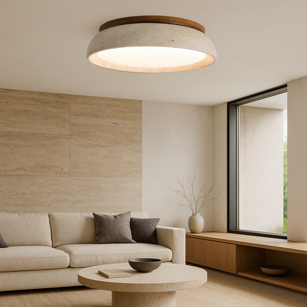 Travertine Ceiling Light Natural Stone Wood Accent Design - Detailed view