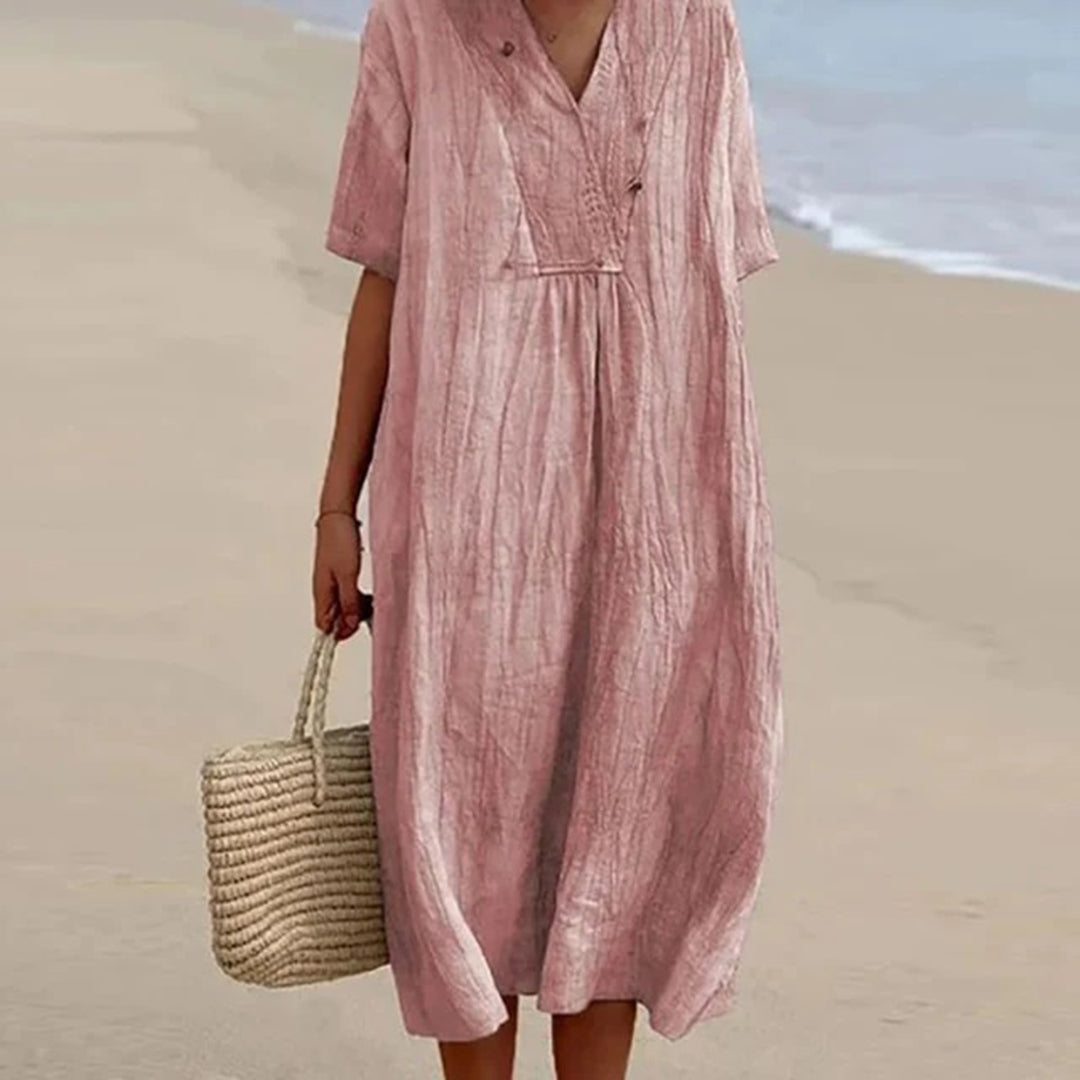 Summer Linen Midi Dress V-Neck Loose Fit Design - Product detail 12