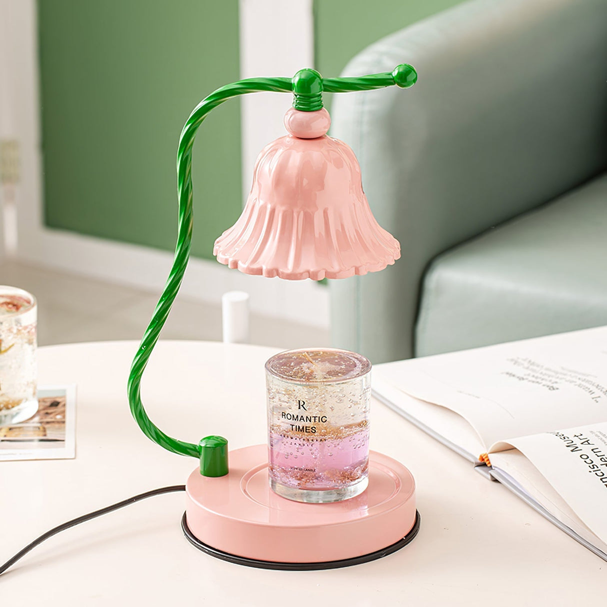 Floral Glass Table Lamp Pink Bell Shade Design - Detailed view