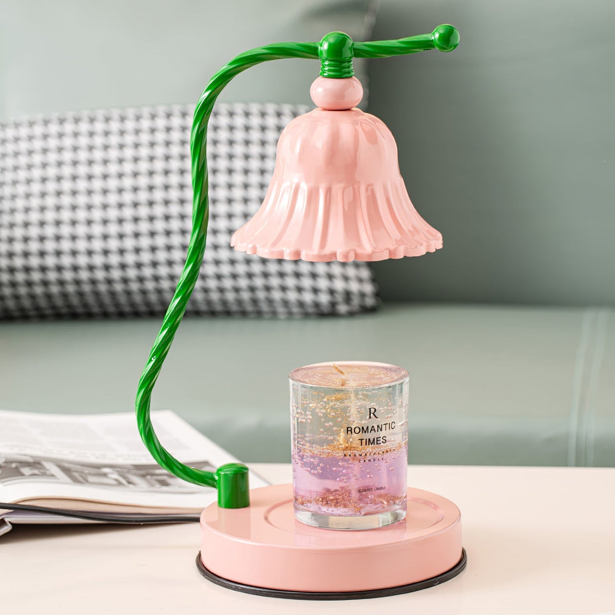 Floral Glass Table Lamp Pink Bell Shade Design - Product detail 6