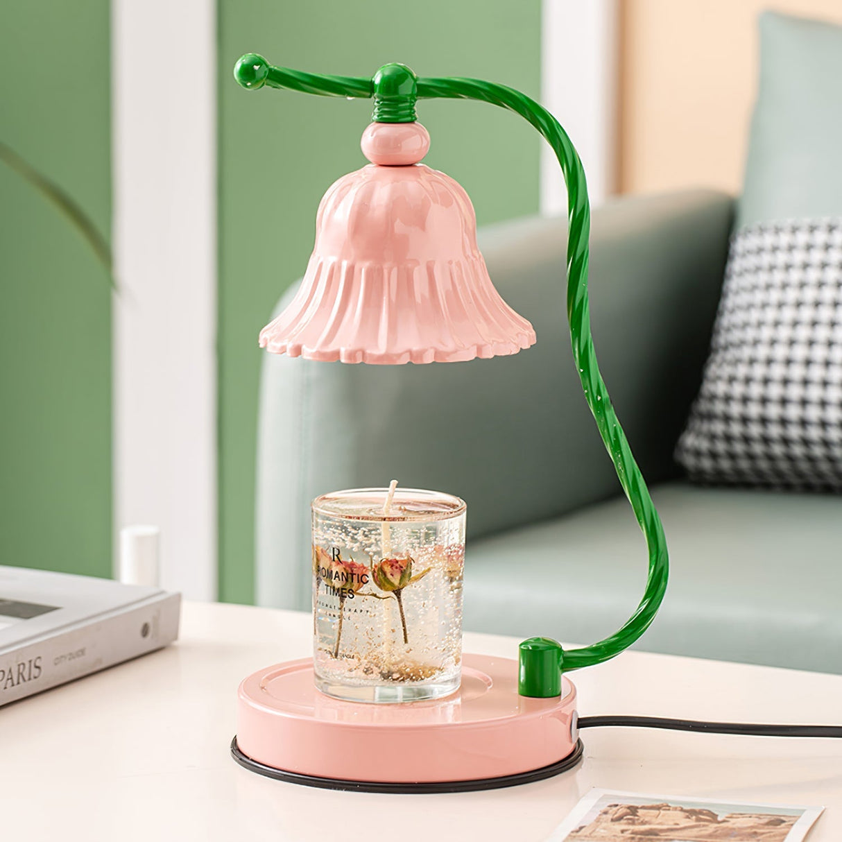 Floral Glass Table Lamp Pink Bell Shade Design - Product detail 7