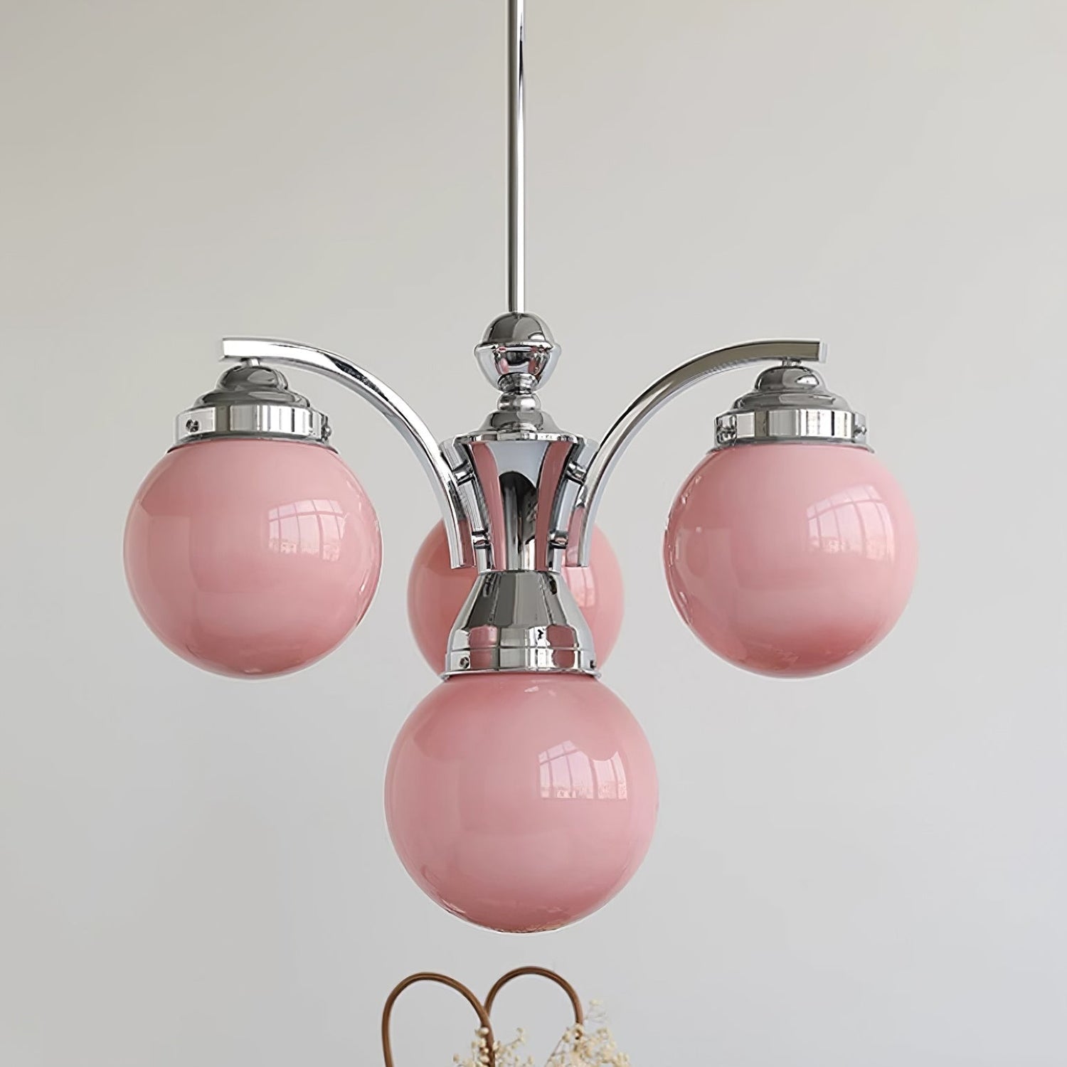 Modern Glass Globe Chandelier  Pink Spheres With Chrome Finish - Detailed view