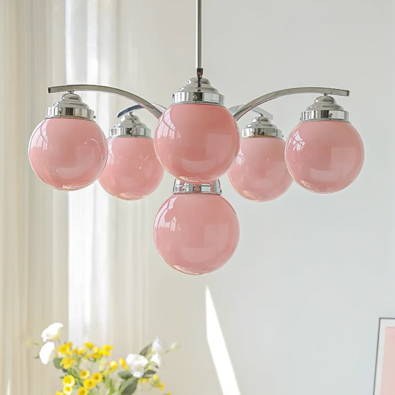 Modern Glass Globe Chandelier  Pink Spheres With Chrome Finish - Product showcase