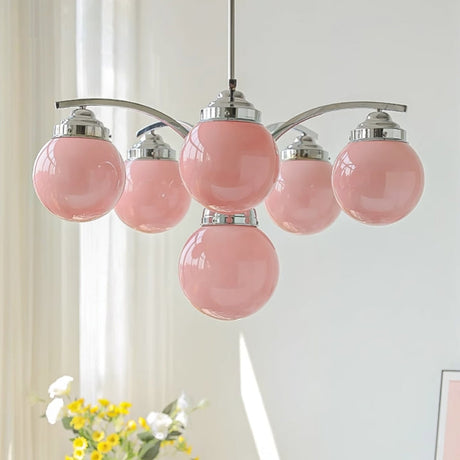 Modern Glass Globe Chandelier  Pink Spheres With Chrome Finish - Product showcase