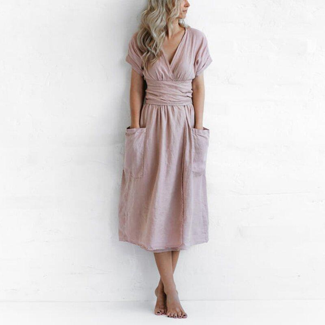 Linen Summer Midi Dress V-Neck Empire Waist Design - Detailed view