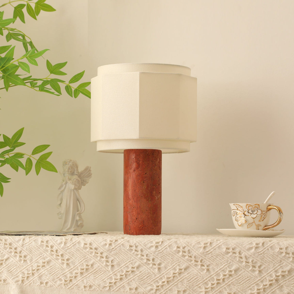 Modern Stone Table Lamp Red Travertine Base - Product detail 4