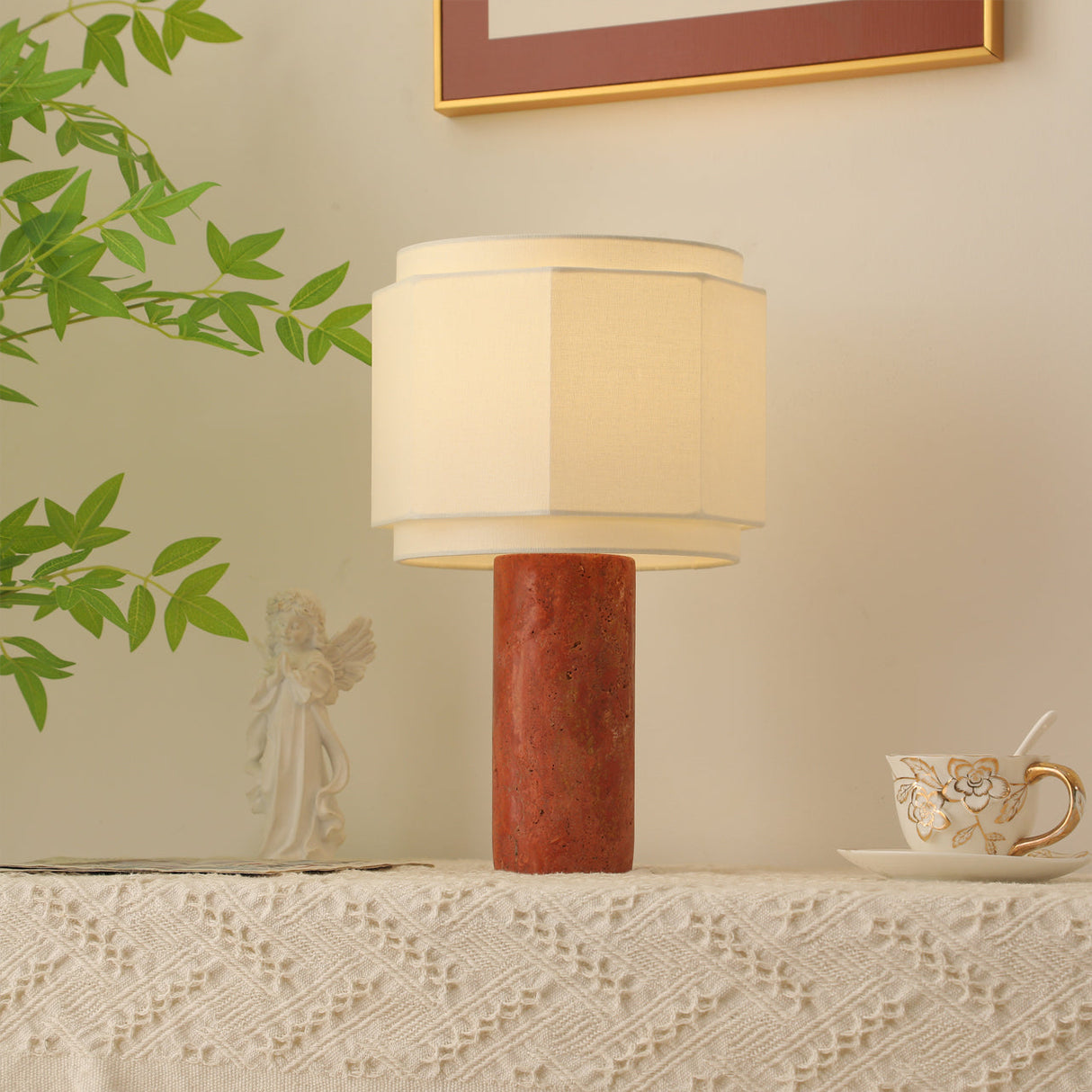 Modern Stone Table Lamp Red Travertine Base - Detailed view