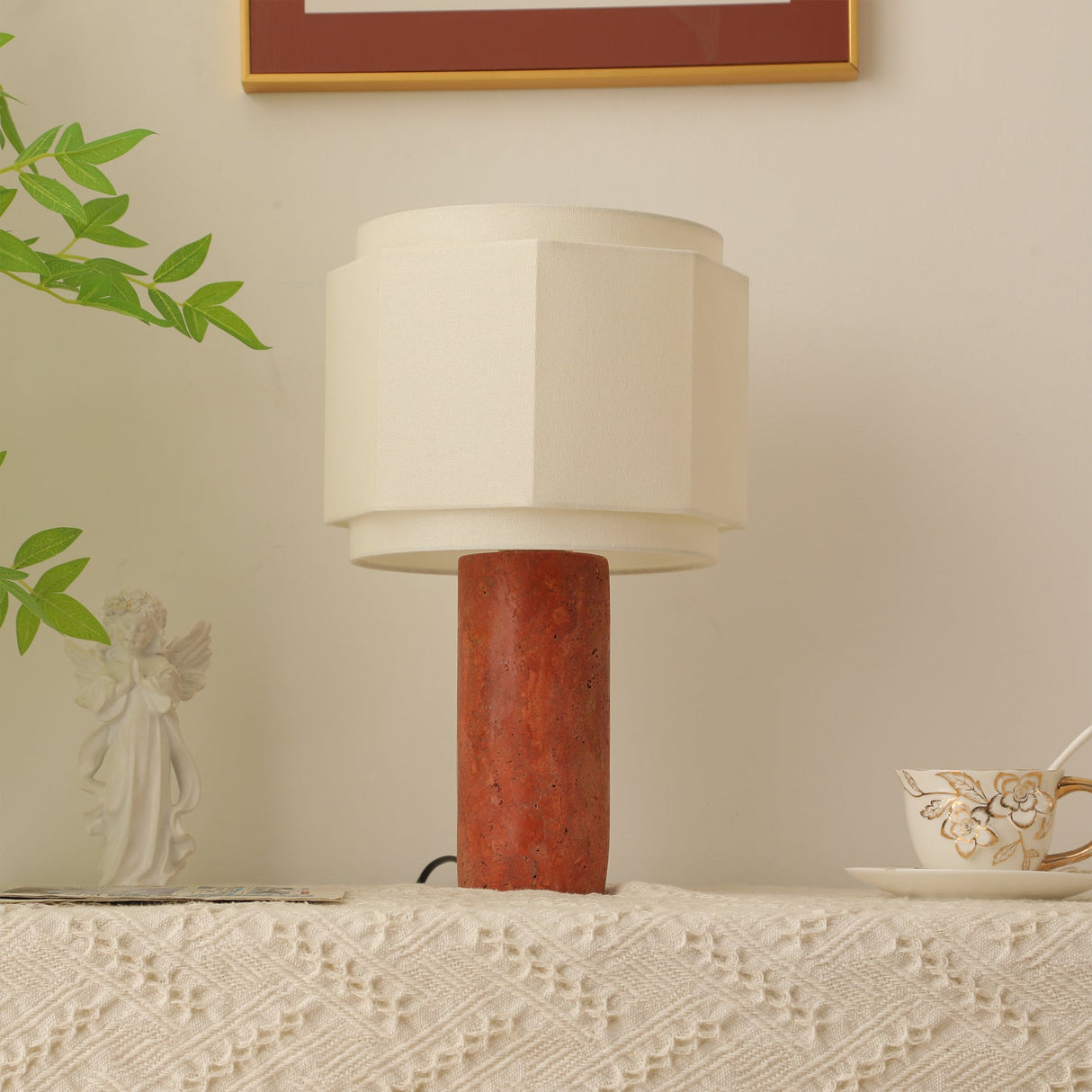 Modern Stone Table Lamp Red Travertine Base - Product detail 5
