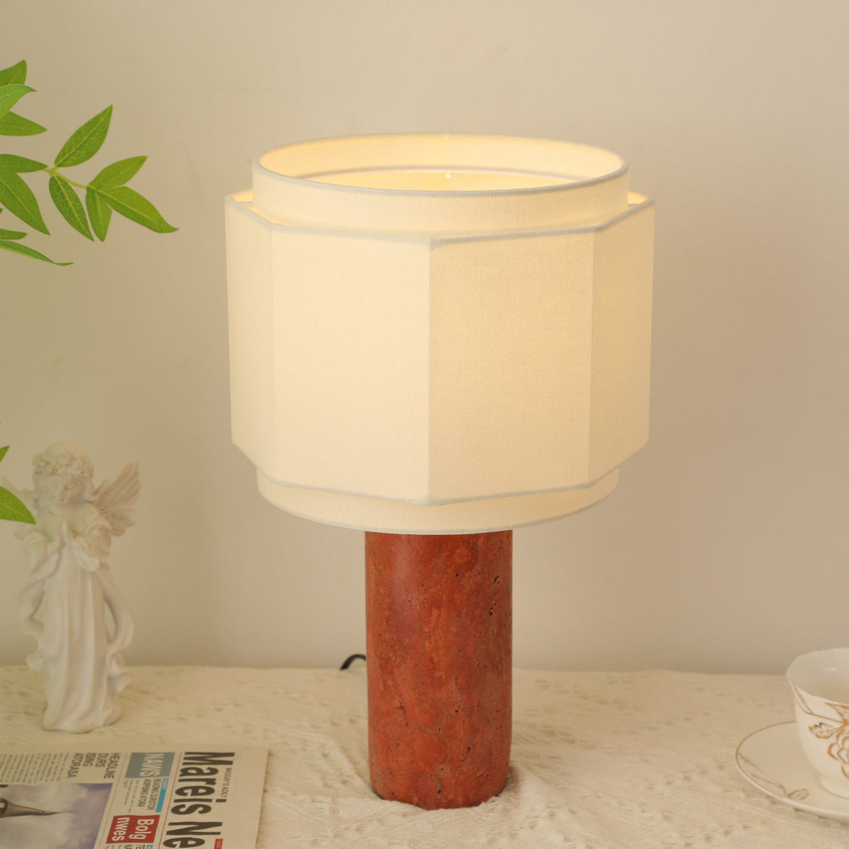 Modern Stone Table Lamp Red Travertine Base - Product detail 6