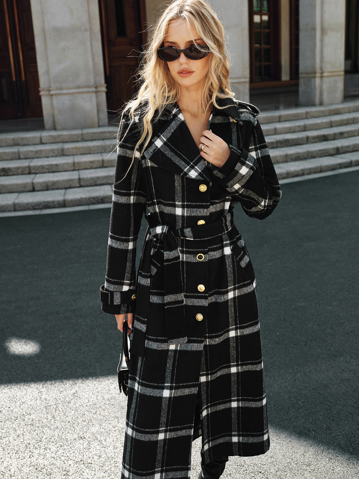 Plaid Wool Blend Trench Coat Black White Check Pattern with Belt - Product example