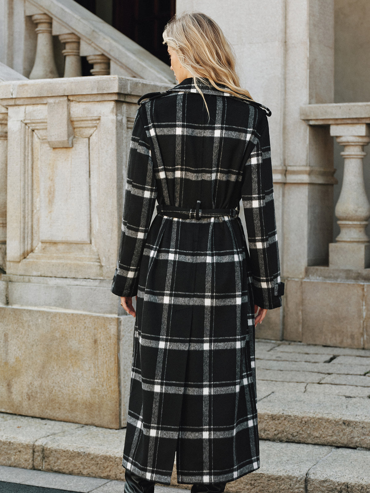 Plaid Wool Blend Trench Coat Black White Check Pattern with Belt - Product detail 5