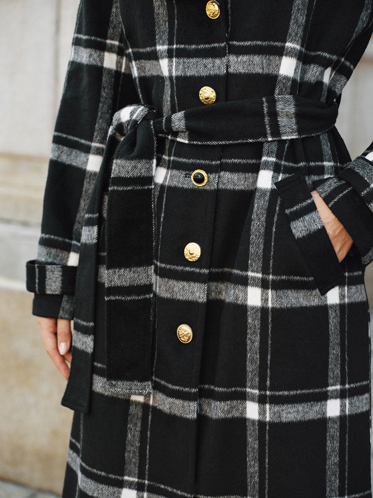 Plaid Wool Blend Trench Coat Black White Check Pattern with Belt - Product detail 6