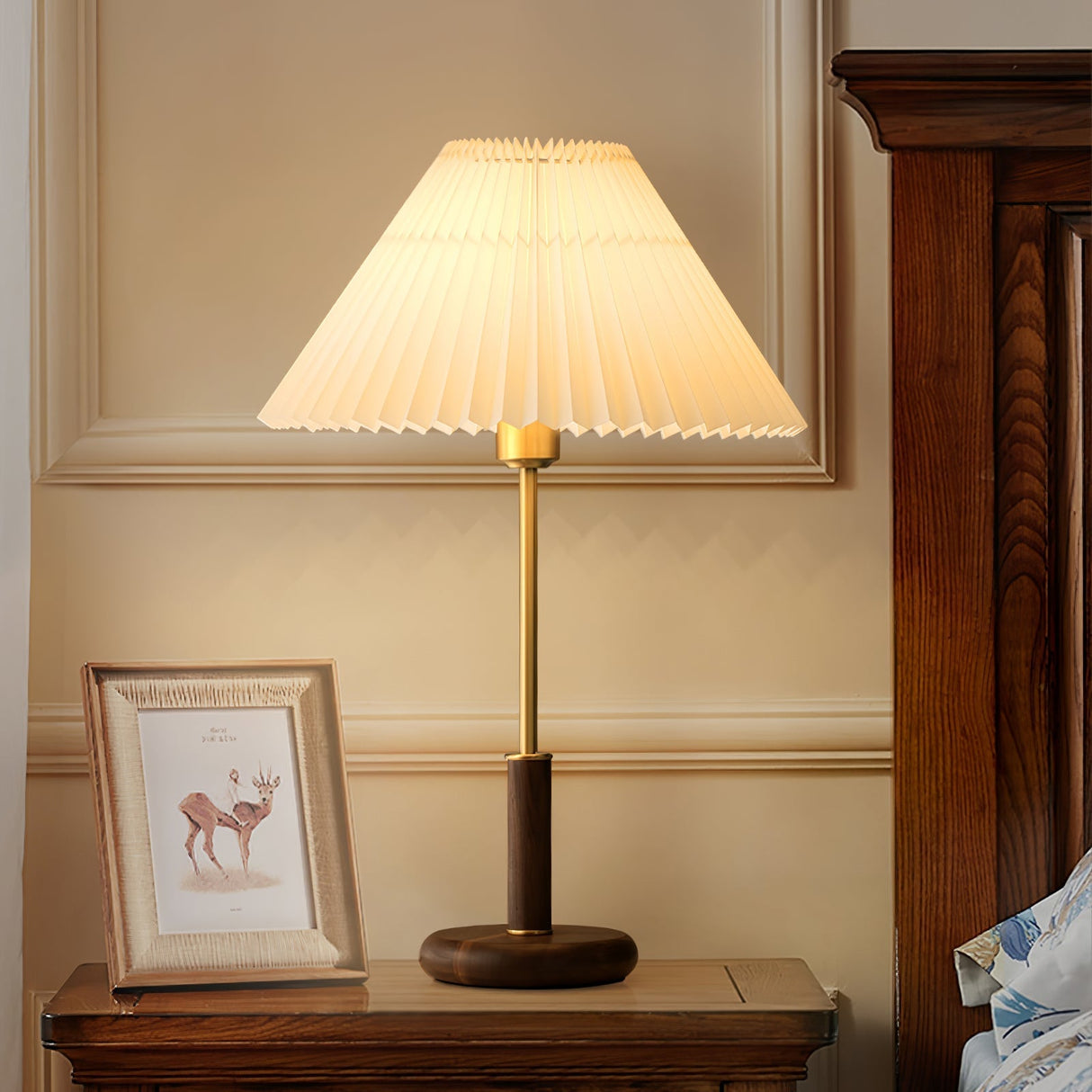 Mid-Century Table Lamp Pleated Linen Shade with Gold Walnut Base - Detailed view