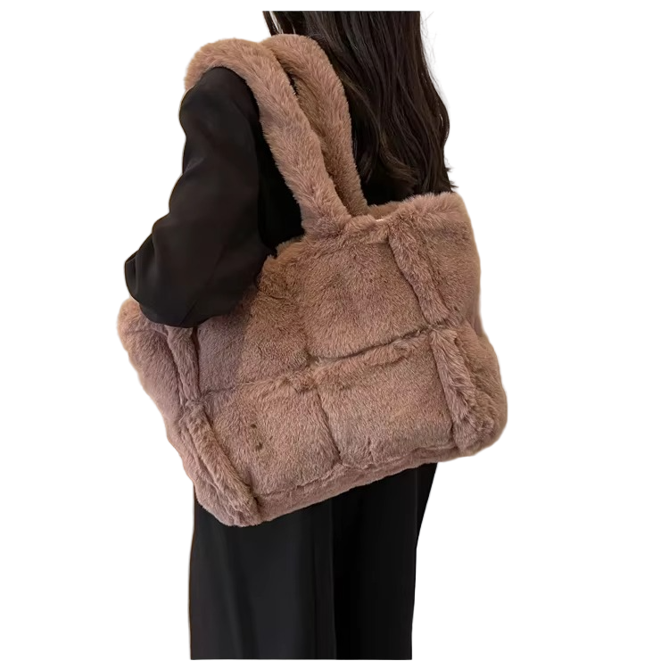 Faux Fur Shoulder Bag Plush Gray Winter Tote - Detailed view