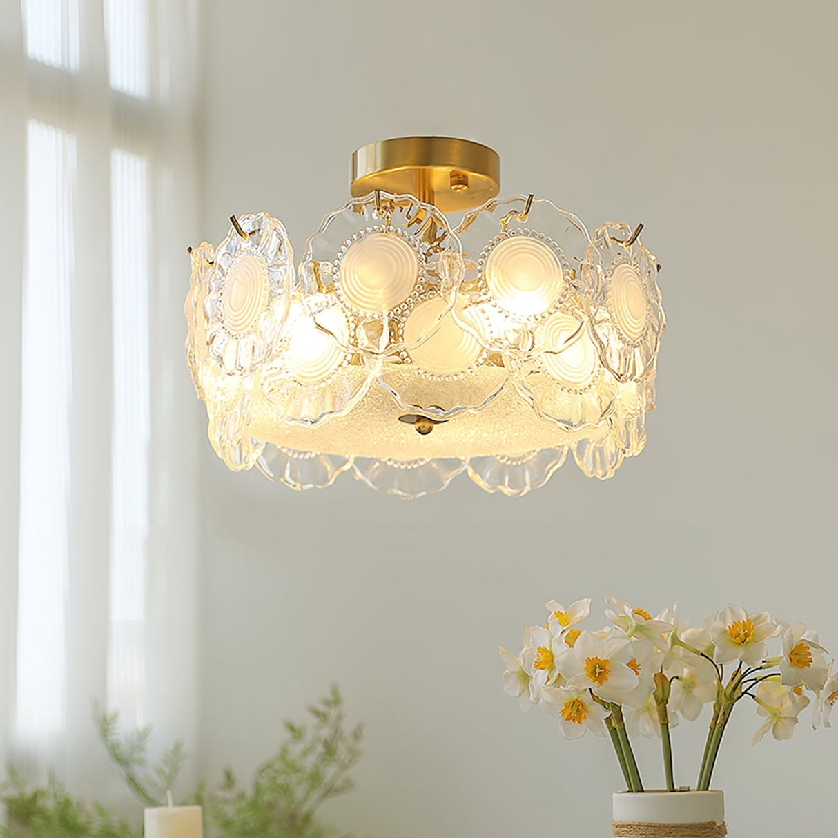 Floral Glass Ceiling Light Textured Clear Shade Gold Finish - Product detail 10