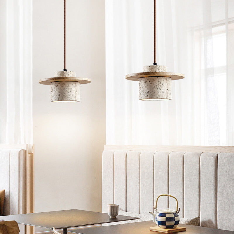 Modern Travertine Pendant Light  Natural Wood Accent Shade - Detailed view