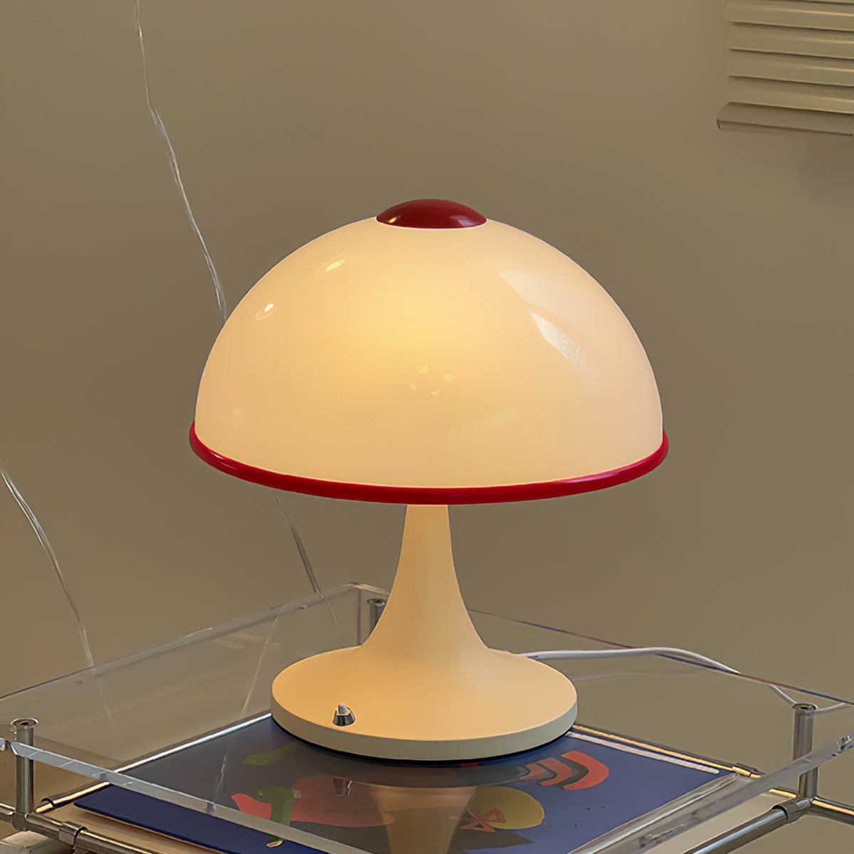 Retro Table Lamp White Dome with Red Trim - Detailed view