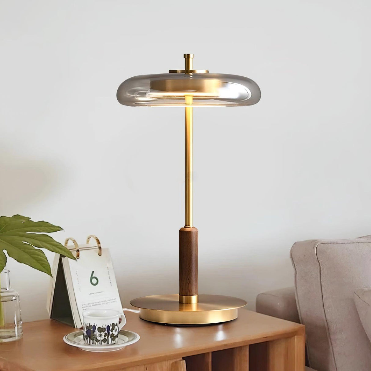 Modern LED Table Lamp Glass Dome With Wood Accent - Detailed view