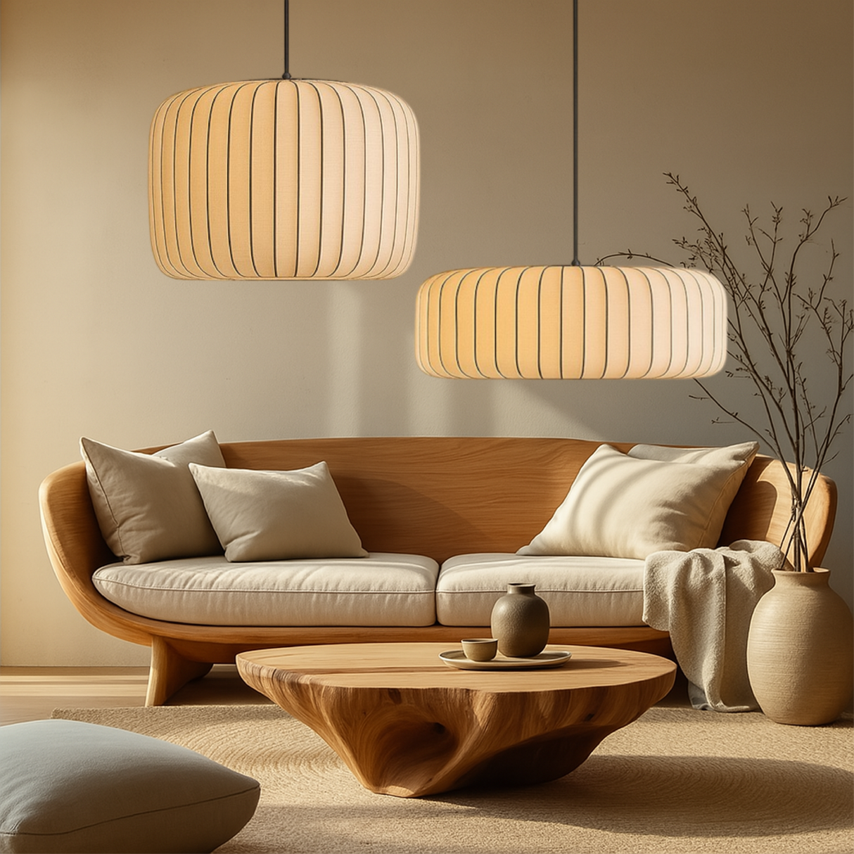 Japanese Pendant Light Natural Silk Pleated Shade - Detailed view