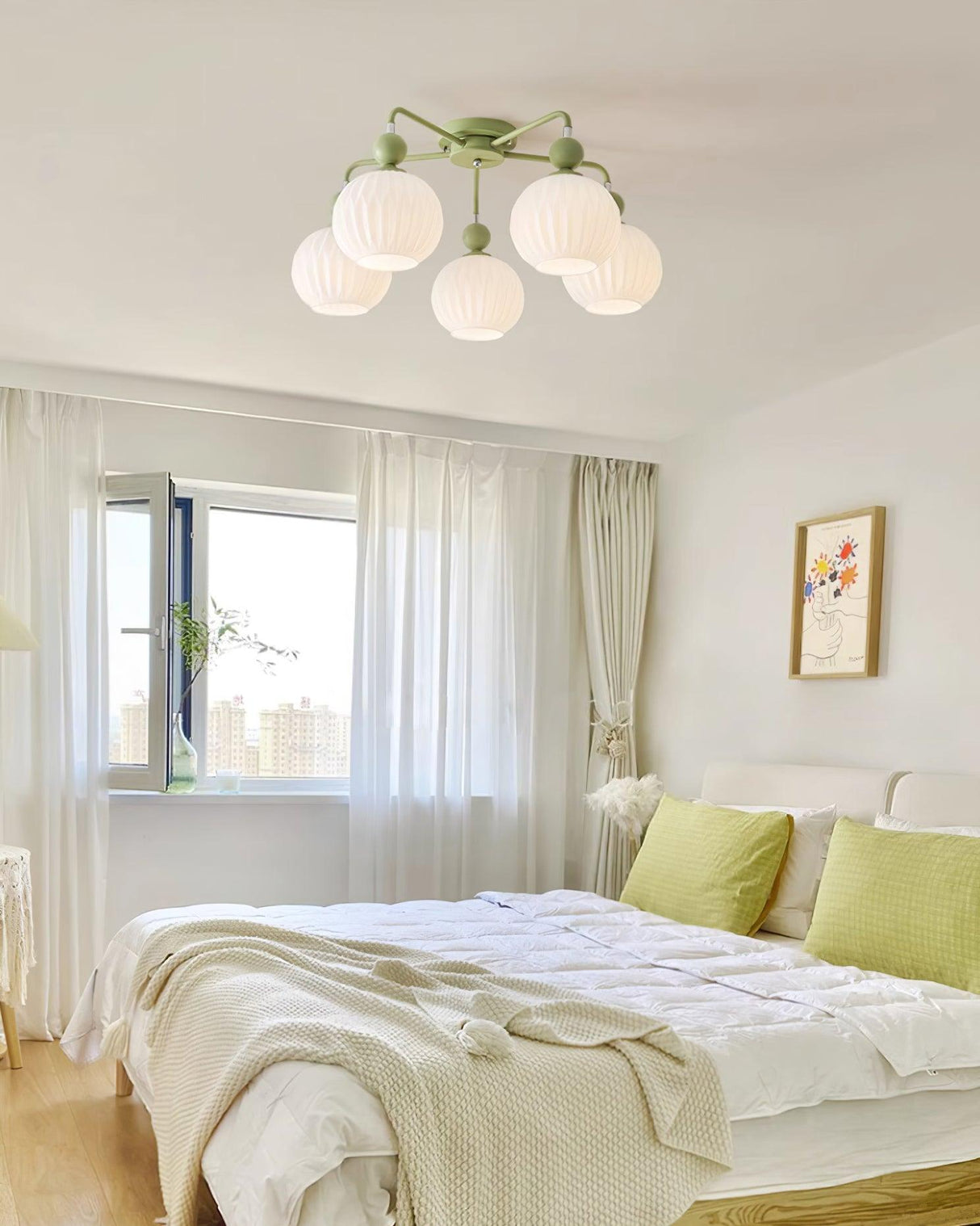 Modern Glass Ceiling Light Ribbed Shades With Sage Frame - Product detail 7