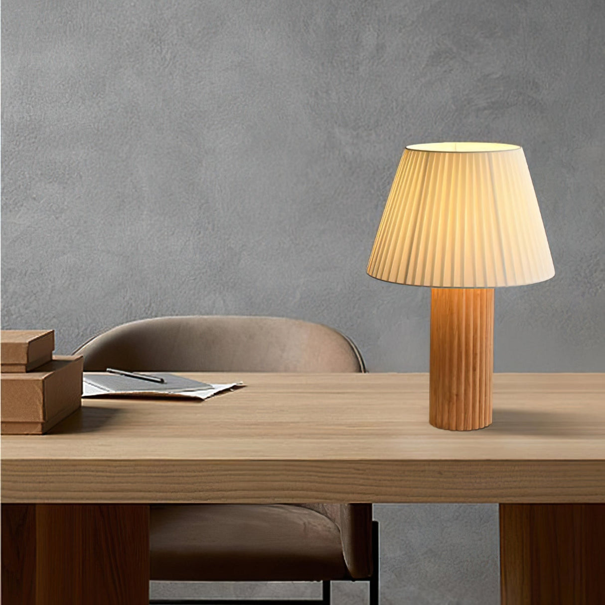 Modern Table Lamp Ribbed Wood Base with Pleated Shade - Product example