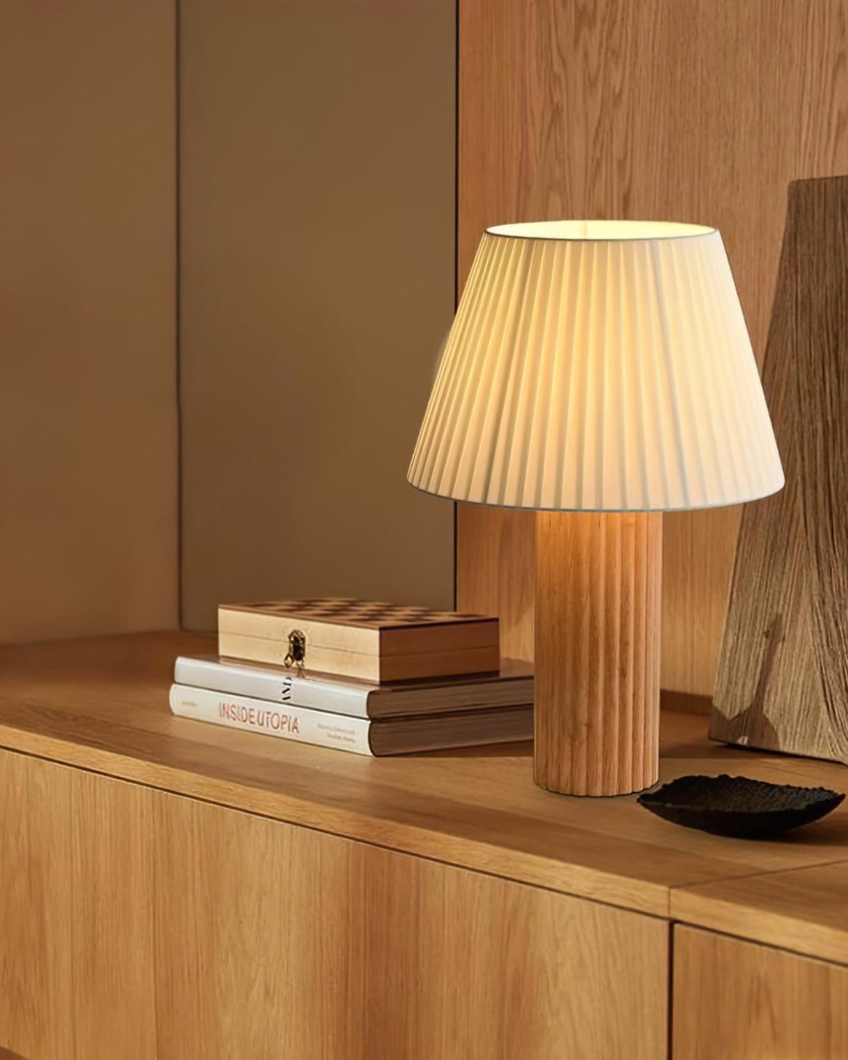 Modern Table Lamp Ribbed Wood Base with Pleated Shade - Product detail 6