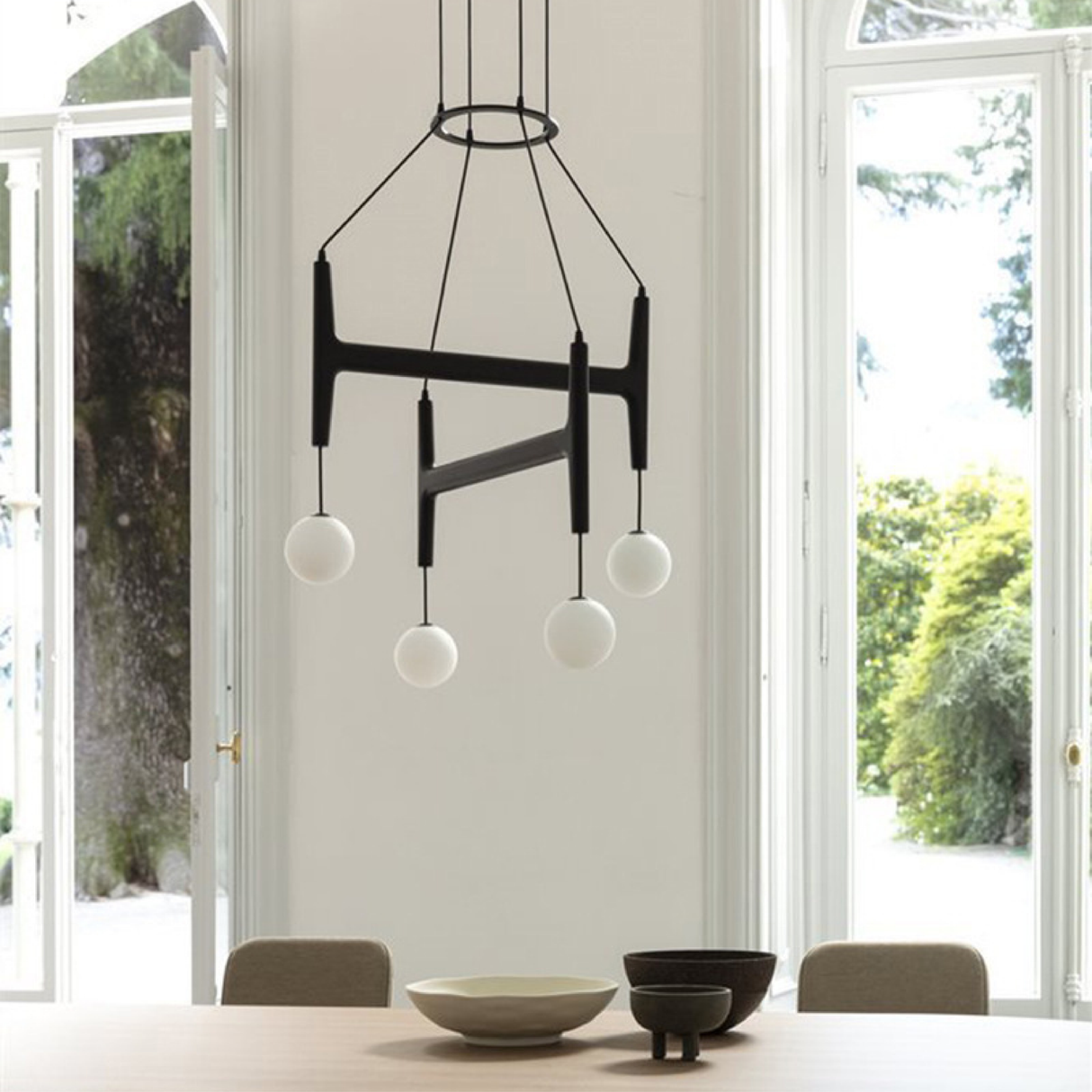 Modern Pendant Light Dual Globe Wood Frame Design - Detailed view