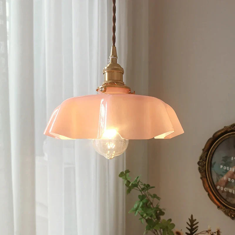 Pastel Triple Pendant Light  Brass Scalloped Glass Shades - Product example