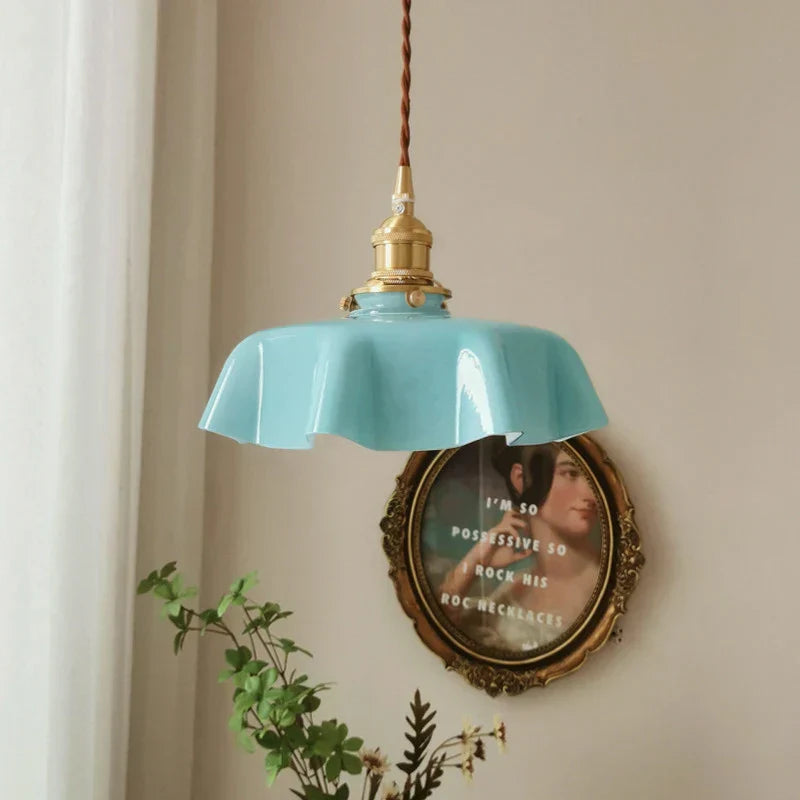 Pastel Triple Pendant Light  Brass Scalloped Glass Shades - Product detail 6