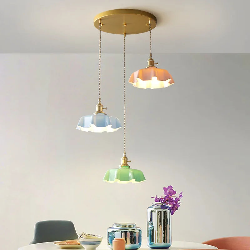 Pastel Triple Pendant Light  Brass Scalloped Glass Shades - Product showcase