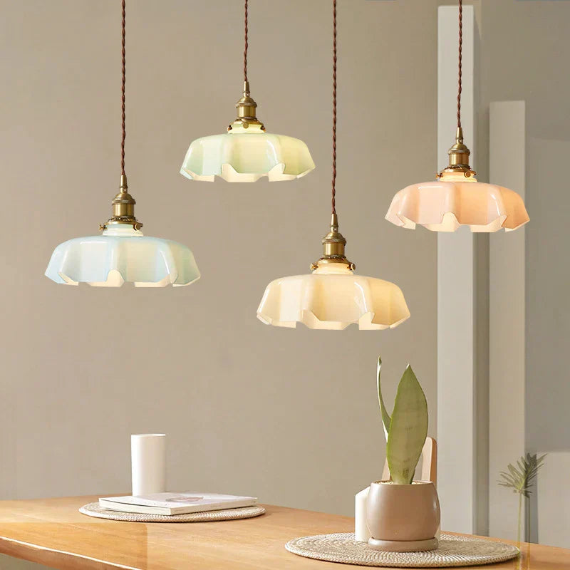 Pastel Triple Pendant Light  Brass Scalloped Glass Shades - Detailed view