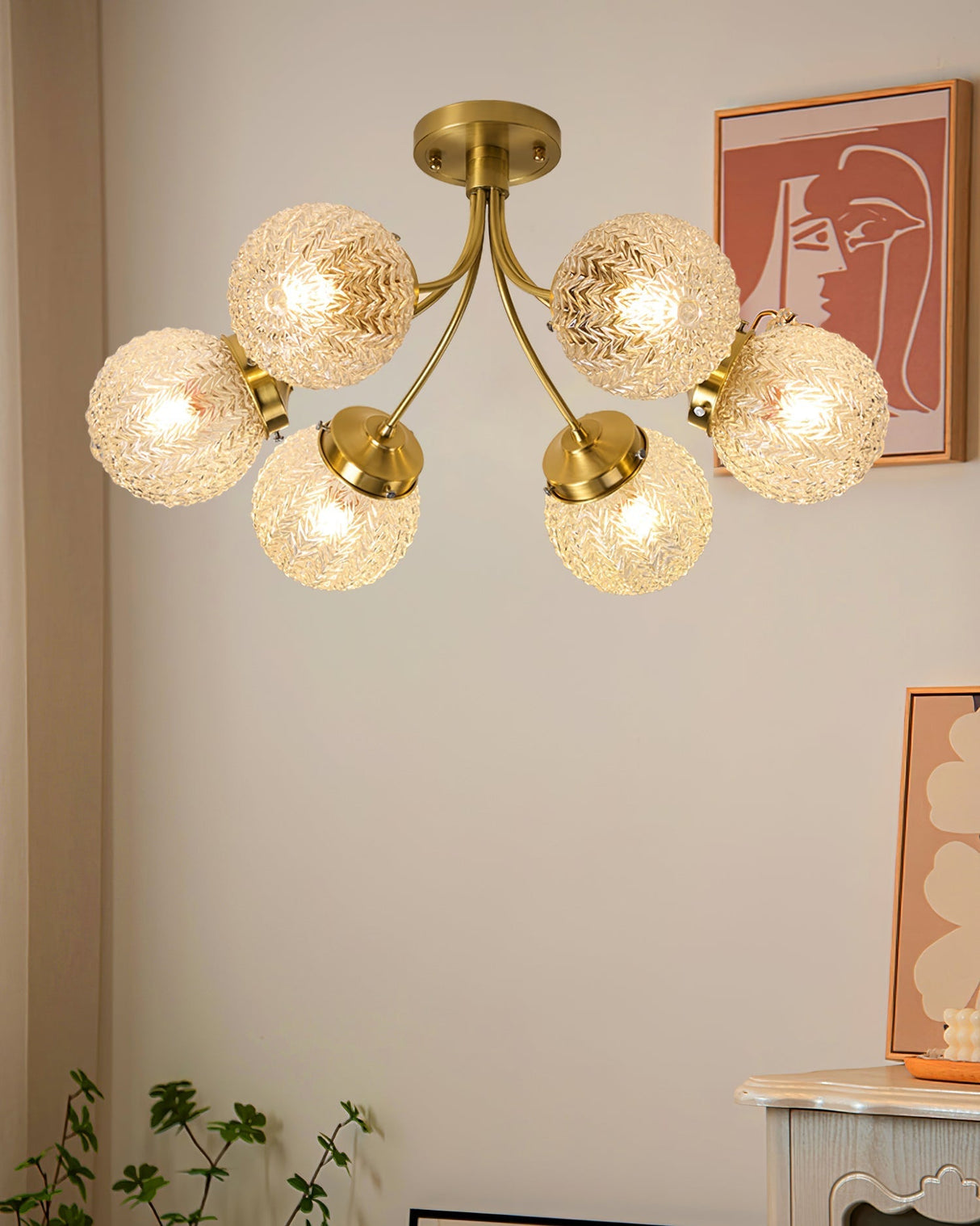 Vintage Glass Ceiling Light Brass Frame With Textured Globes - Product detail 7