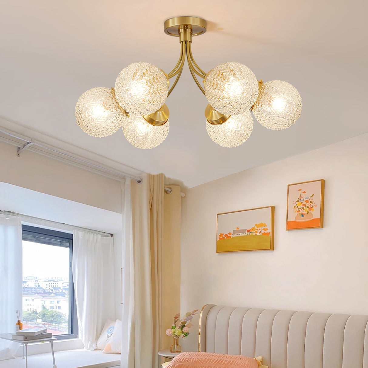 Vintage Glass Ceiling Light Brass Frame With Textured Globes - Product example