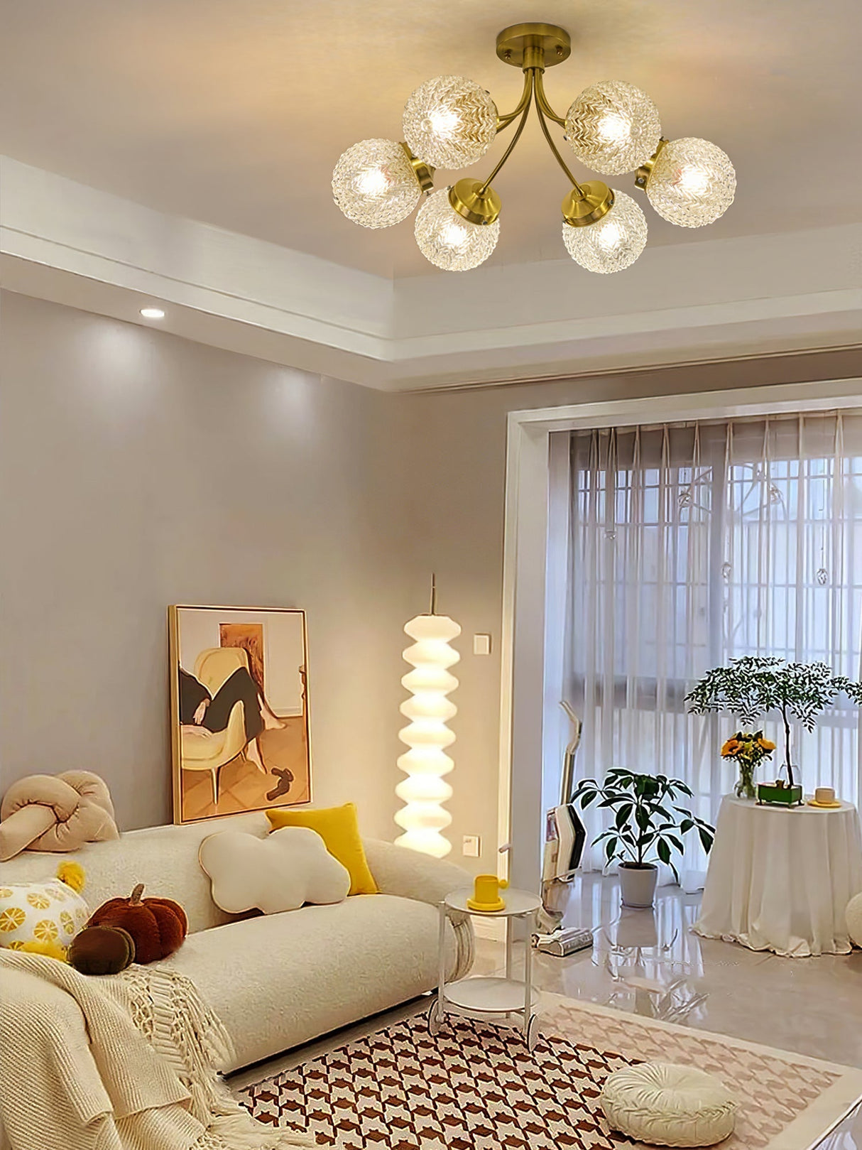 Vintage Glass Ceiling Light Brass Frame With Textured Globes - Product detail 4