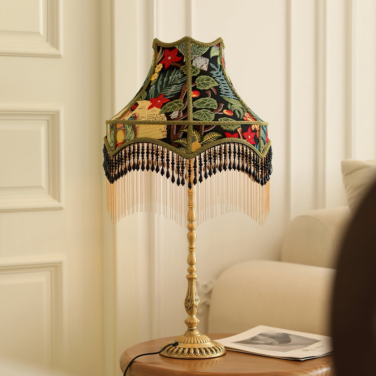 Vintage Table Lamp Floral Fabric Shade With Beaded Fringe - Detailed view