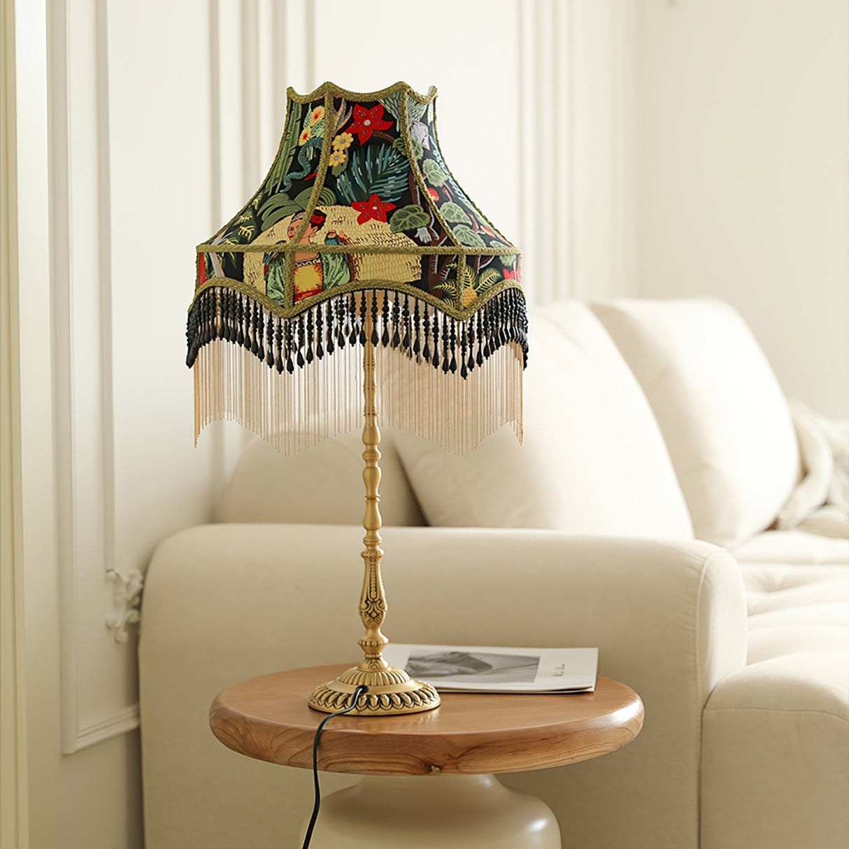 Vintage Table Lamp Floral Fabric Shade With Beaded Fringe - Product example