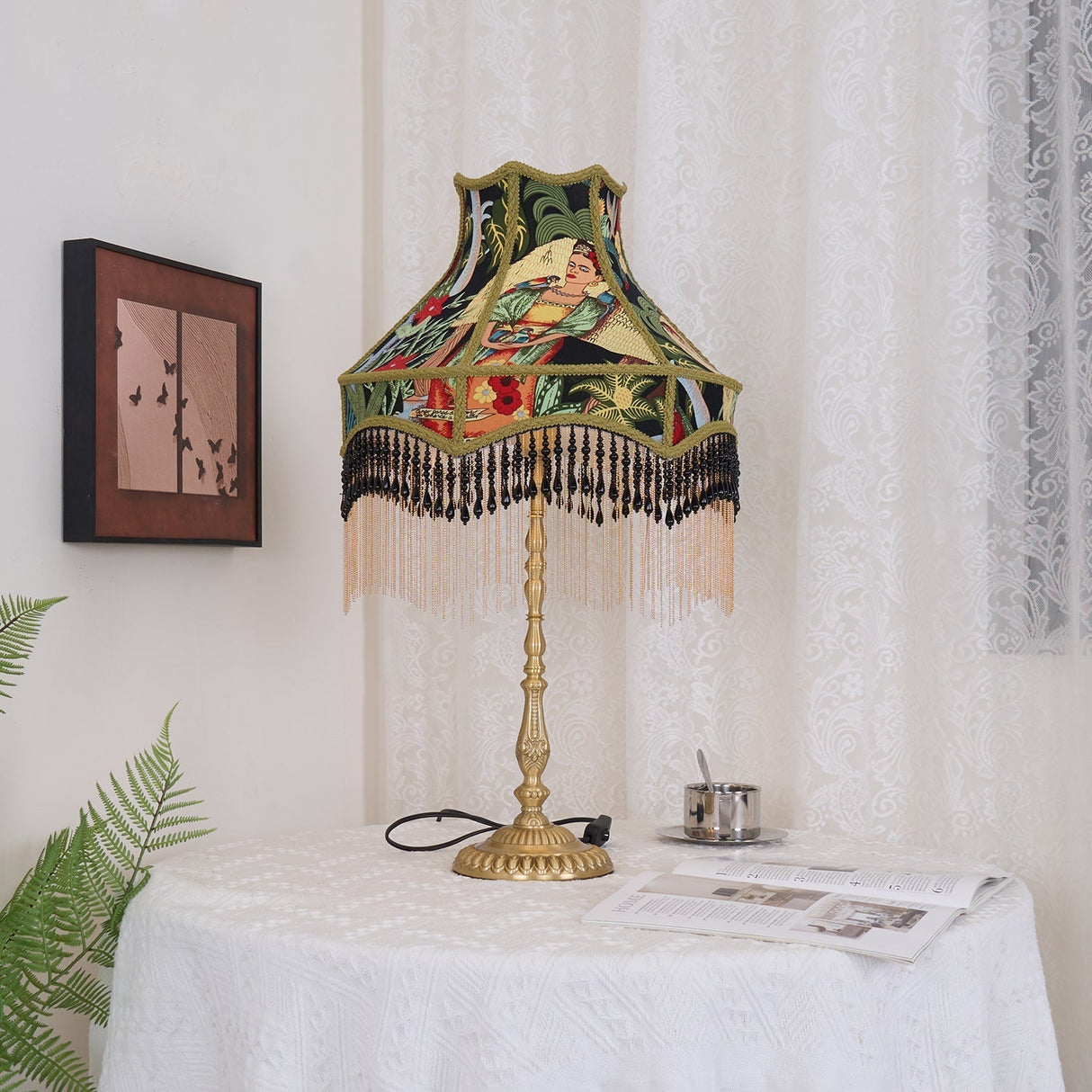 Vintage Table Lamp Floral Fabric Shade With Beaded Fringe - Product detail 18