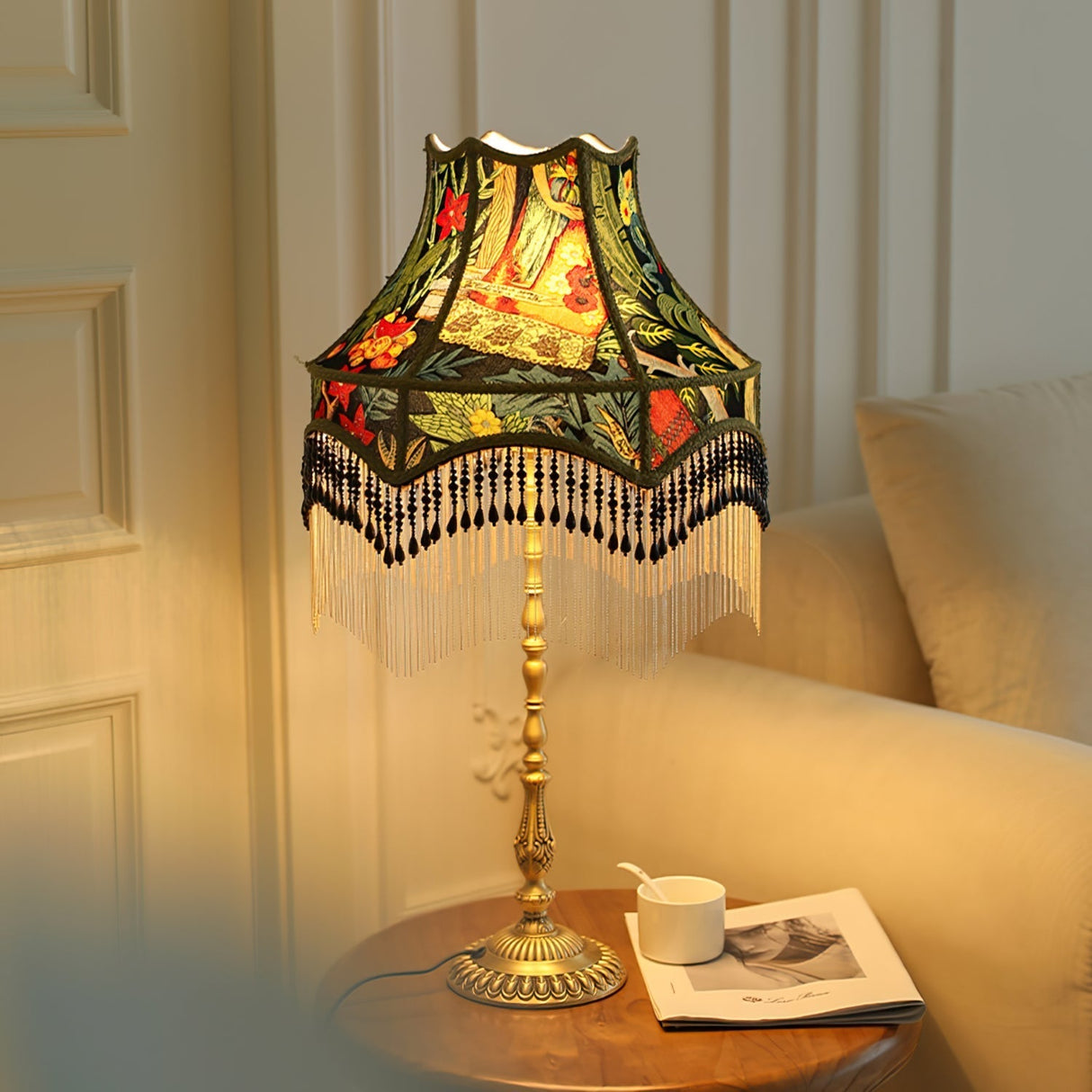 Vintage Table Lamp Floral Fabric Shade With Beaded Fringe - Product detail 9