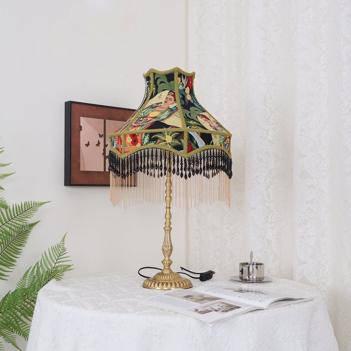 Vintage Table Lamp Floral Fabric Shade With Beaded Fringe - Product detail 16