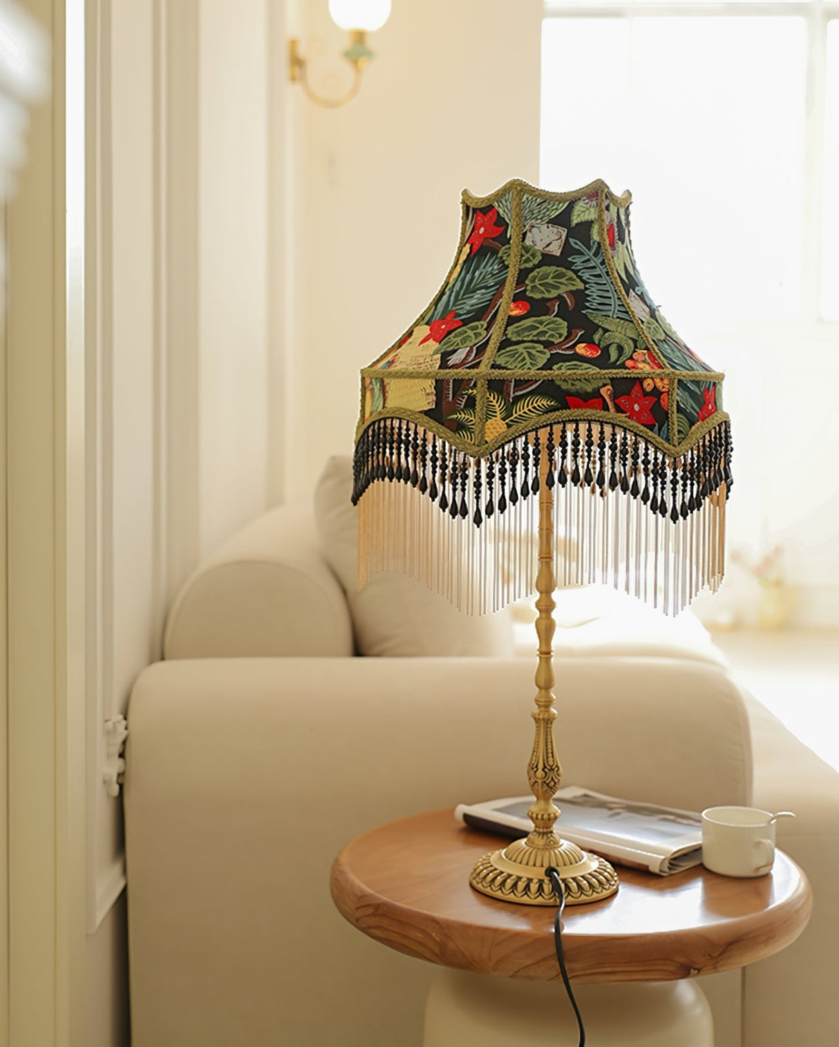 Vintage Table Lamp Floral Fabric Shade With Beaded Fringe - Product detail 10
