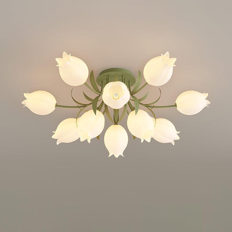 Floral Ceiling Light White Tulip Glass Shades With Green Metal Base - Product detail 43